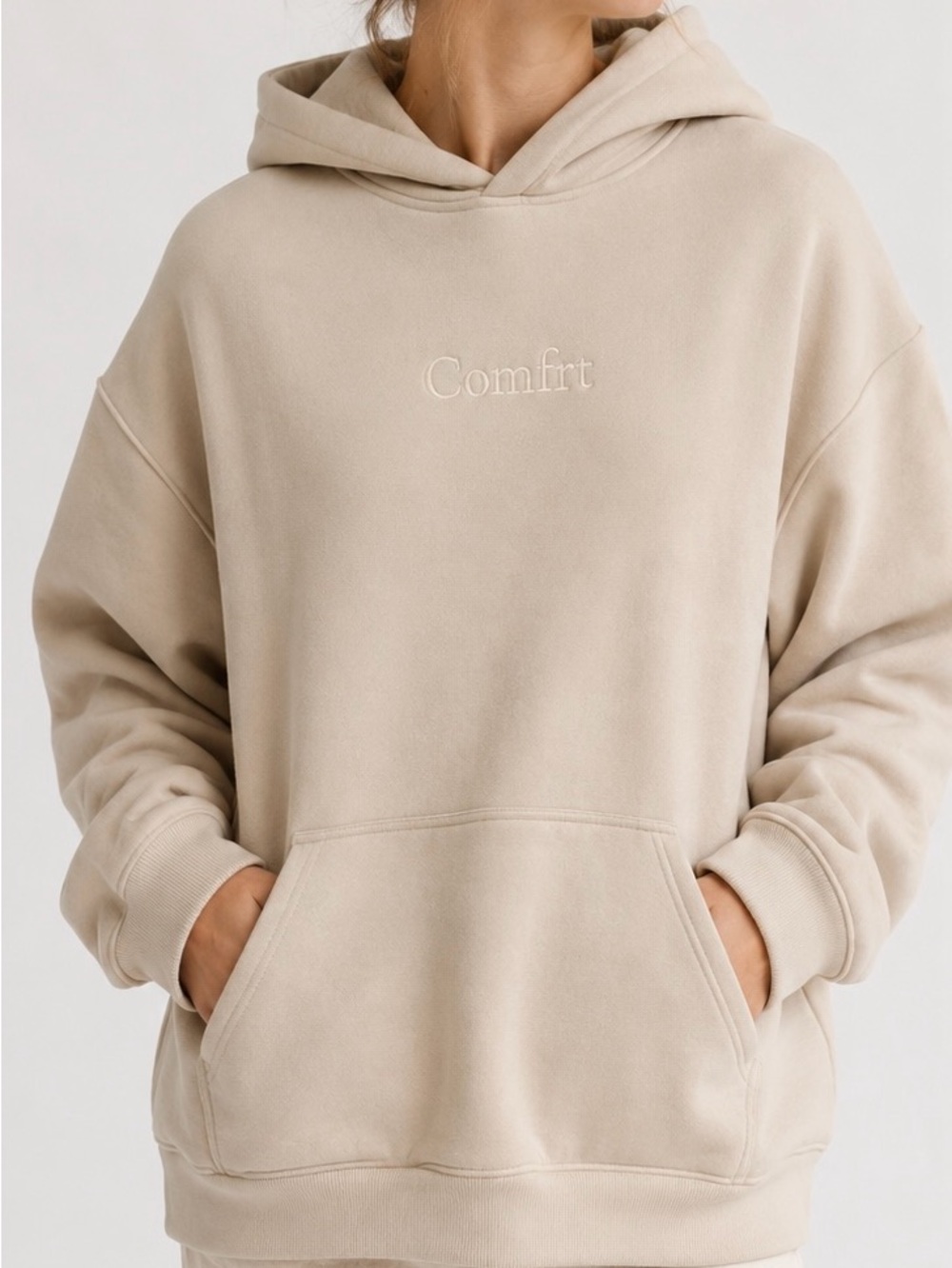 COMFRT Signature Weighted Oversized Hoodie Bone Cream Tan Minimalist Aesthetic L